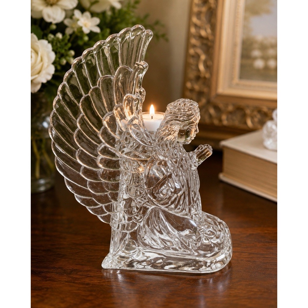 Vintage Crystal Clear Glass Angel Candlestick Holder Figurine Taiwan Signed